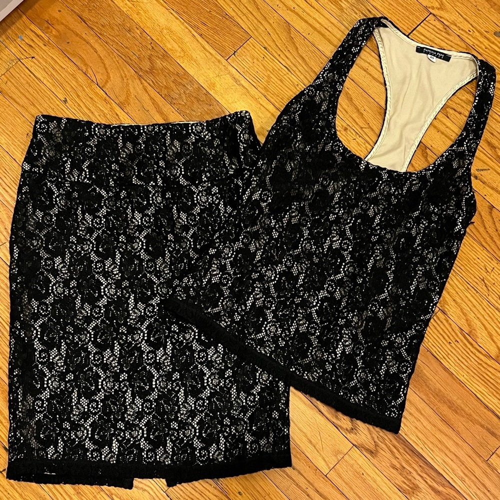 PATRIZIA PEPE Vintage Lace Pencil Skirt And Top Set Black Nude Size 40/42 US 2